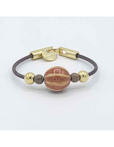Pulsera cuero adorno cerámica oro